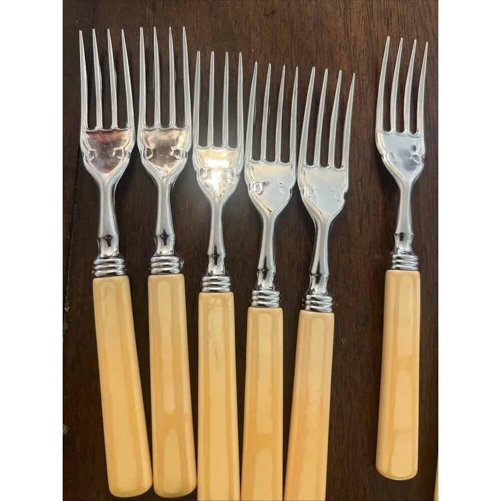 Antique Fish Cutlery Silverplate Set of 12 Forks & Knives Ivorine Handle